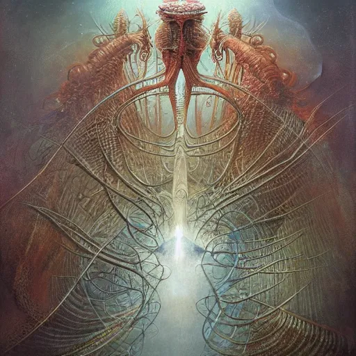 Prompt: Complex alien fractal structure, by Esao Andrews and Karol Bak and Zdzislaw Beksinski and Zdzisław Beksiński, trending on ArtStation