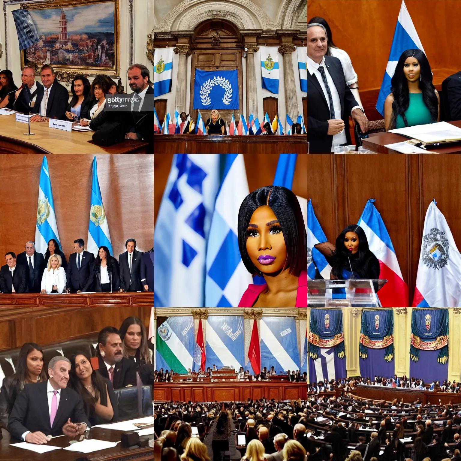 Image similar to Nicki Minaj president of Argentina, in the Argentine Congress, flags of Argentina behind, detailed picture