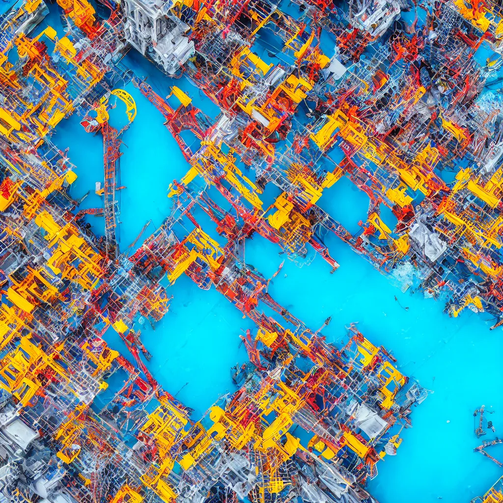 Prompt: colorful construction site with pools of bright blue water, birds eye view