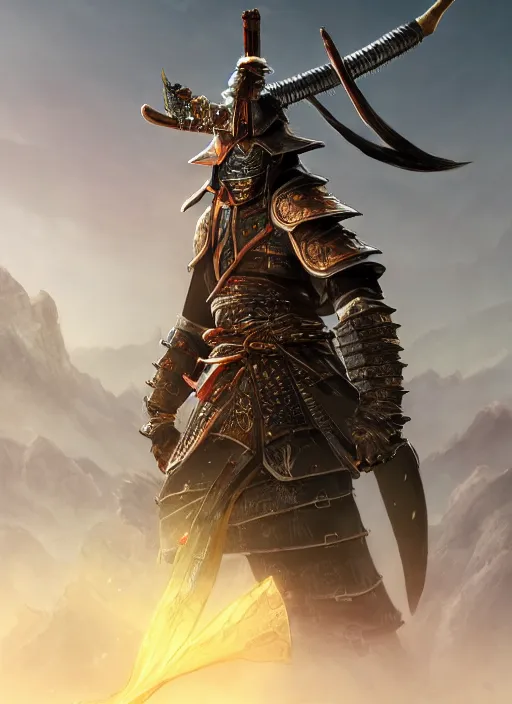 Prompt: samurai, ultra detailed fantasy, elden ring, realistic, dnd character portrait, full body, dnd, rpg, lotr game design fanart by concept art, behance hd, artstation, deviantart, global illumination radiating a glowing aura global illumination ray tracing hdr render in unreal engine 5