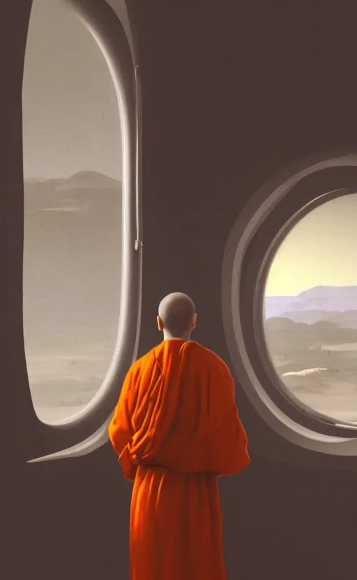 Image similar to portrait of a blind monk in a spaceship, looking out the window at a planet, orange robe, dramatic lighting, artstation, matte painting, johannes vermeer