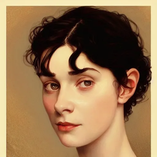 Image similar to portrait of a welsh girl with brown hair, glowing skin, delicate features, amelie poulain, young audrey tautou, fantasy, intricate, elegant, highly detailed, digital painting, artstation, concept art, smooth, sharp focus, illustration, art by Krenz Cushart and Artem Demura and alphonse mucha