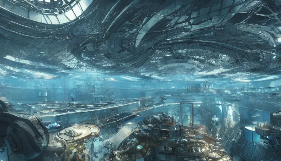 Image similar to underwater crowded cloning facility build under metallic dome, machines, technologies, machines, experience, giant building, hyperdetailed, artstation, cgsociety, 8 k