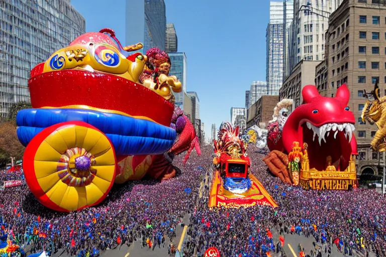 Image similar to photo of giant beautiful elaborate parade float designed by geoff darrow!!!! and ( ( ( ( ( ( chris's foss ) ) ) ) ) ), in the macys parade, detailed 4 k photo