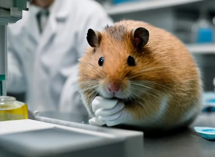 Image similar to film still of a hamster working in a research lab finding the cure for cancer, 8 k