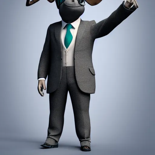 Prompt: 3D render of a donkey character in a suit and wearing cool sunglasses, gray background, amazing detail, artstation