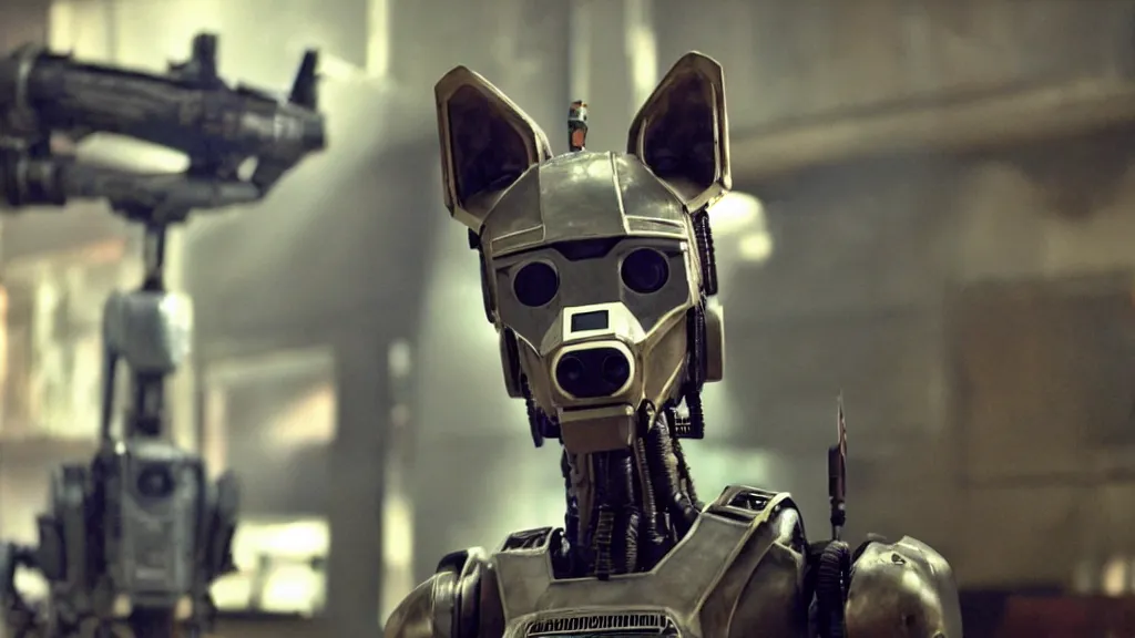 Prompt: film still from the movie chappie of the robot chappie furry anthro anthropomorphic stylized wolf dog canine ears head android service droid robot machine fursona