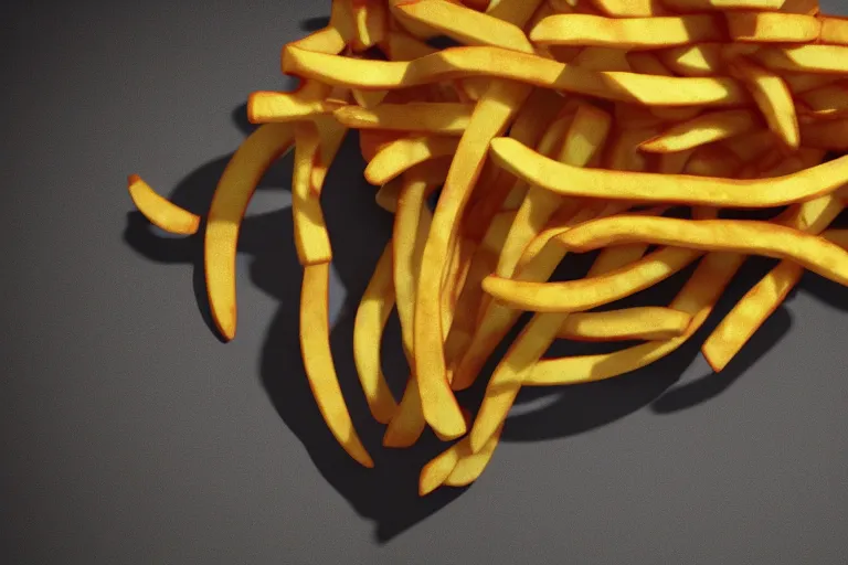 Image similar to a commercial with a 3d rendered snake spitting french fries, commercial, 3d render, Mc donalds, 4k, sharp, by Beeple, Octane Render, cinema 4d