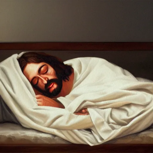 Prompt: Jesus Christ asleep tucked in in his bed, old realistic painting trending on artstation