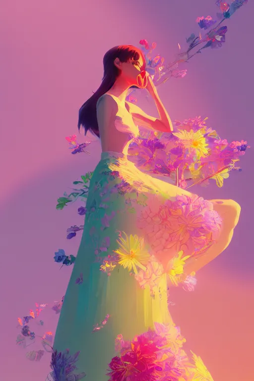 Image similar to elegant, beautiful woman in colourful clothing, ultrafine illustrated, ultradetailed flowery environment, by conrat roset, makoto shinkai, craig mullins, alphonse murac, detailed artwork, extremely detailed and high quality, global illumination, octane render, digital art trending on artstation