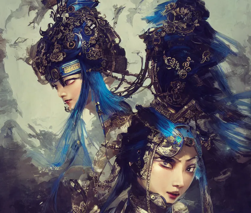 Image similar to ancient chinese princess with steampunk mask, dynasty warriors, elegant, unreal engine, 8 k, blue color scheme, headshot, highly detailed, smooth, ink painting, artstation, concept art, in style of yoji shinkawa, pan ren wei, col price, atey ghailan, by greg rutkowski, aesthetic