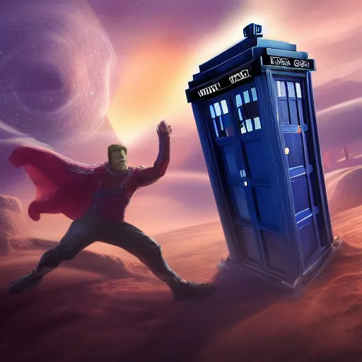 Image similar to The TARDIS smacking right into Thanos, hyperdetailed, artstation, cgsociety, 8k