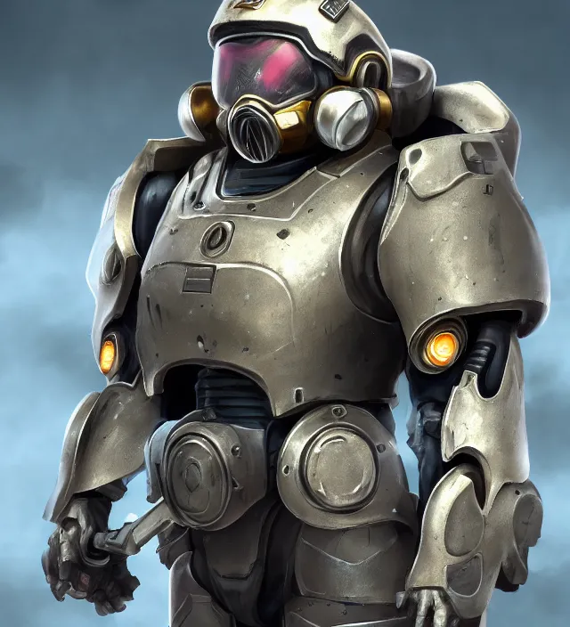 Image similar to a character portrait of a soldier wearing powered armor in the style of fallout power - armor and bubblegum crisis powersuit trending on artstation deviantart pinterest hyper detailed photorealistic hd 8 k post - processing high resolution