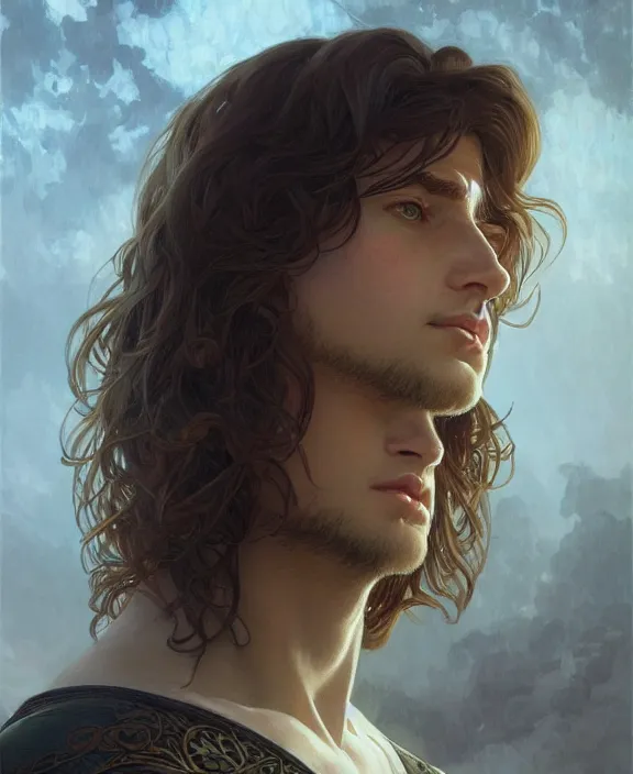Image similar to portrait close up of guy, concentrated look, symmetry, long hair. d & d, fantasy, intricate, elegant, highly detailed, digital painting, artstation, concept art, art by artgerm and greg rutkowski and alphonse mucha, boris vallejo