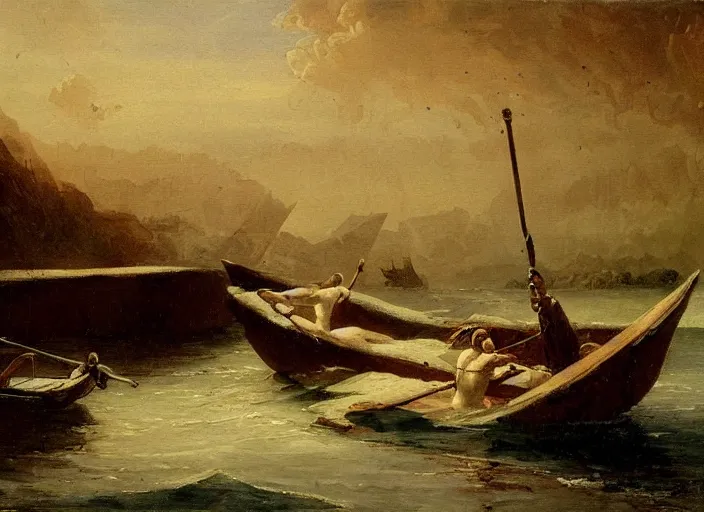 Prompt: a painting of the boat of charon in the river styx by felix resurreccion hidalgo