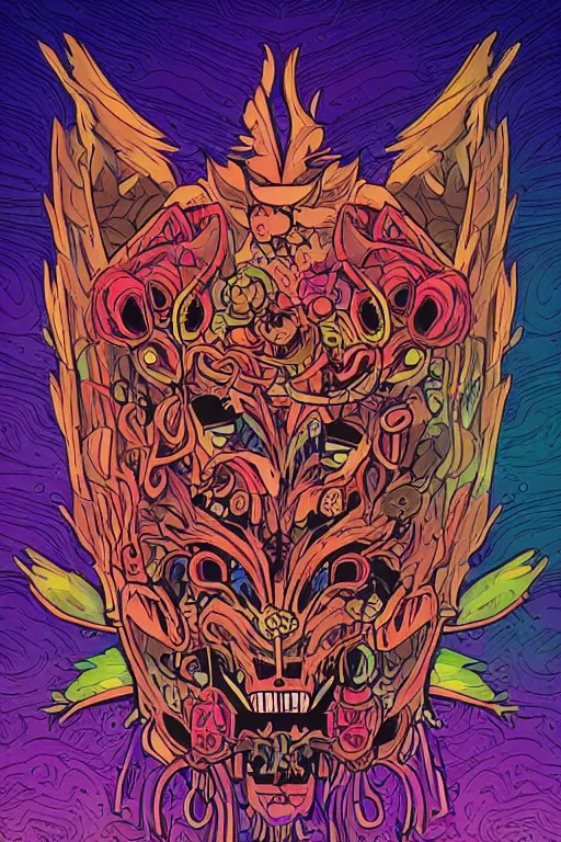 Image similar to animal mask totem roots flower tribal feather gemstone plant wood rock shaman vodoo video game vector cutout illustration vivid multicolor borderlands comics by josan gonzales and dan mumford radiating a glowing aura