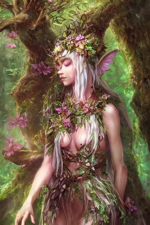 Image similar to a magical nymph druid in the forest wearing a magical flower dress, overlooking a forest from which emerges a huge tree, highly detailed dramatic lighting fantasy artstation artgerm concept art