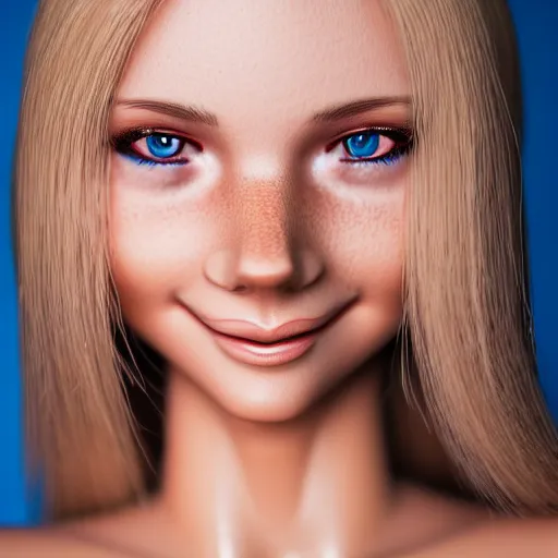 Prompt: full figure photo, cute nice beautiful young lady, cute smile, athletic body, six pack, highly detailed face and eyes, blonde, blue eyes, volumetric lighting, 8 k, art photography, sport photography, intricate detailing, award winning, textured skin, symmetric face, hyper realistic