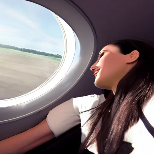 Prompt: a beautiful dark - haired girl flying home in her personal concorde