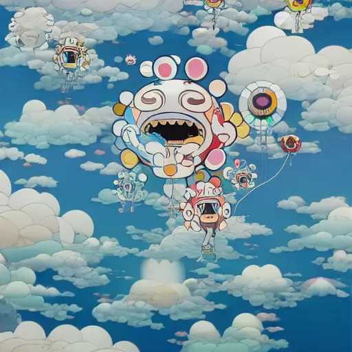 Image similar to a man walking on clouds above kyoto by takashi murakami, beeple and james jean, aya takano color style, 4 k, super detailed