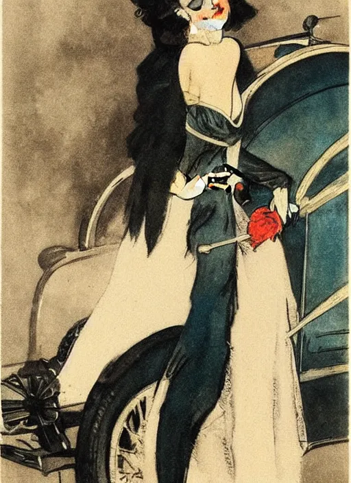 Image similar to Louis Icart, an old colored drawing of a woman posing in front of a 1920's car by Louis Icart, highly detailed, masterpiece