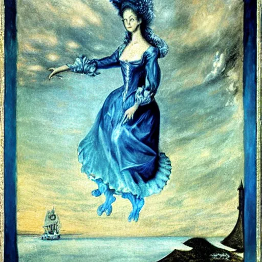 Image similar to Marie Antoinette levitating over the sea. El Greco, Remedios Varo, Salvador Dali, Carl Gustav Carus, John Atkinson Grimshaw. Blue tint. Symetrical, logo, geometric shapes.