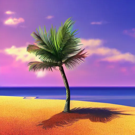 Image similar to lone palm tree on a lonely island in the sea, concept art, illustrated, highly detailed, high quality, bright colors, optimistic,