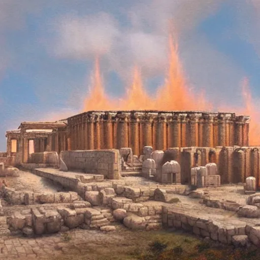 Image similar to a beautiful detailed and realistic matte painting of Herod’s Temple in Jerusalem aflame