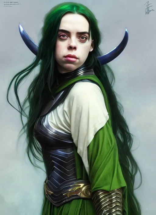 Image similar to Billie Eilish as Female Loki, very detailed, digital art, trending on artstation, concept art, smooth, illustration, art by artgerm and greg rutkowski and alphonse mucha and Edmund Blair Leighton and Katsuhiro Otomo and Geof Darrow and Phil hale and Ashley wood