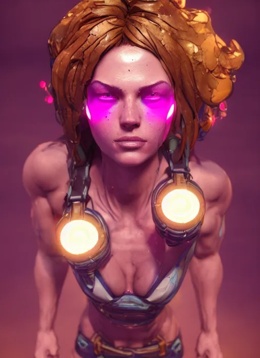 Prompt: glowwave portrait of a beautiful muscular girl's body, borderlands 3, au naturel, hyper detailed, digital art, trending in artstation, cinematic lighting, studio quality, smooth render, unreal engine 5 rendered, octane rendered, art style by klimt and nixeu and ian sprigger and wlop and krenz cushart.