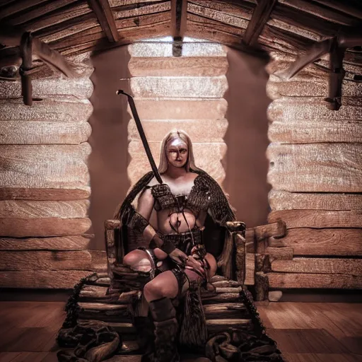 Image similar to photo shoot pose photo of the viking female warrior on the viking wooden throne in the dark wooden viking palace lobby, femine attractive symmetrical face, big eyes and lips, beautiful clean face and body skin, brutal joyful face expression, wears ornamental jewelry and bikini, torches alit in the background, depth of field, lens flare, moody lighting, moody photography, old photo, black and white, sepia, cinematic lighting, cinematic angle, editorial photography,award-winning
