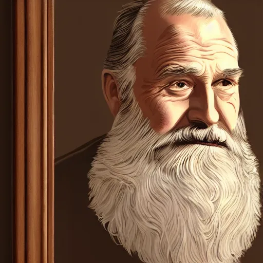 Image similar to man looking in the mirror, old, white beard, dementia, wrinkles, lost in the style of alex ross, 2 d, 4 k, unreal, intricate, digital painting, highly detailed, artstation, sharp focus, illustration, realistic shaded perfect face