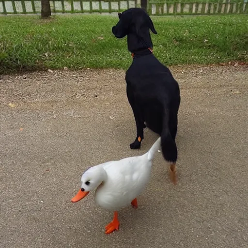 Image similar to my dog took my duck for a walk.