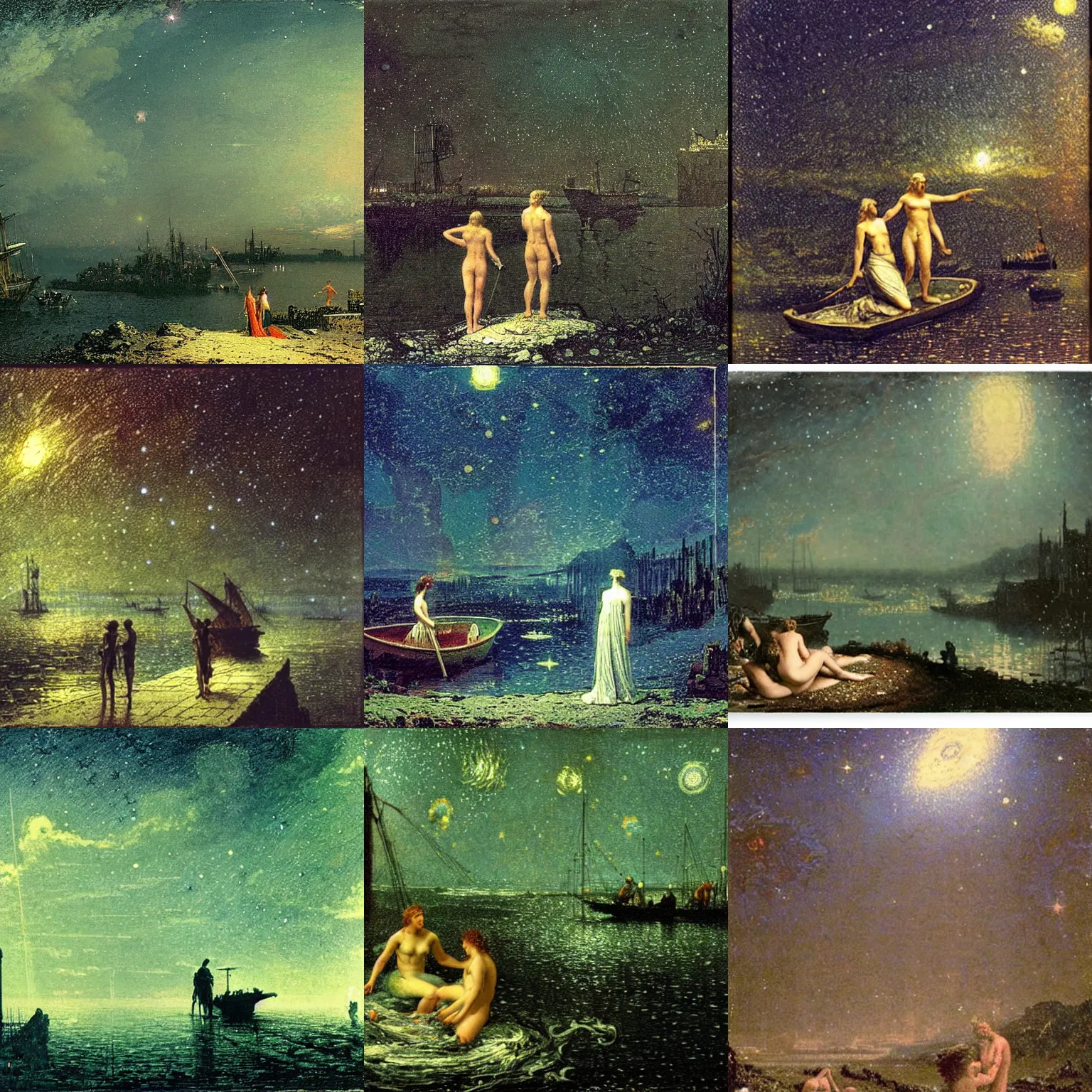 Prompt: the sky is a starry sky, gorgeous nebula is born, big scene, below is achilles and thetis in the river styx like the universe, trending on john atkinson grimshaw