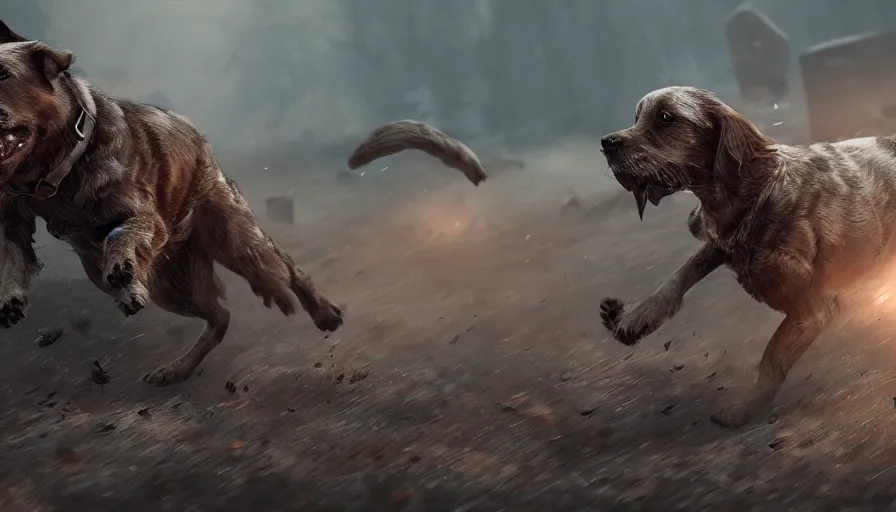 Prompt: Dog running on a battlefield, hyperdetailed, artstation, cgsociety, 8k