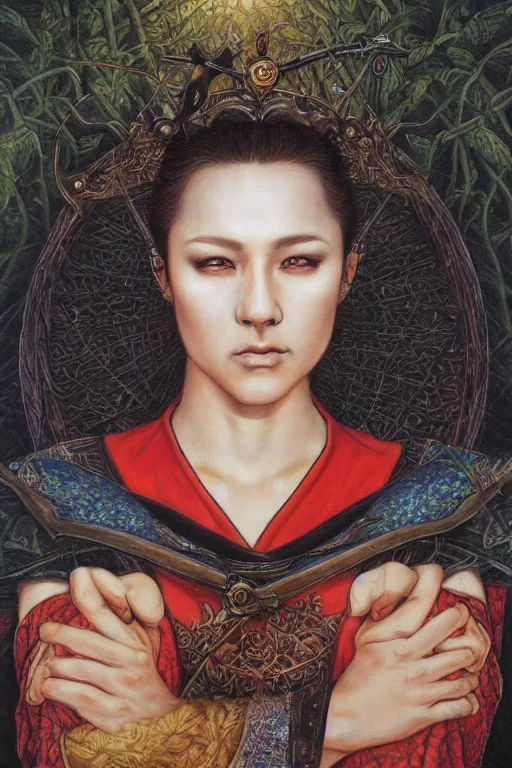 Prompt: Beautiful oil painting of Robin Hood by Chie Yoshii, portrait, nature, symmetrical face, dramatic lighting, sunset