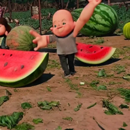 Prompt: a giant watermelon rampage town , movie scene