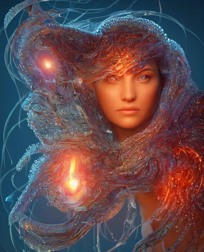 Image similar to close-up macro portrait of the face of a beautiful princess, epic angle and pose, symmetrical artwork, 3d with depth of field, blurred background, cybernetic jellyfish female face skull phoenix bird, translucent, nautilus, energy flows of water and fire. a highly detailed epic cinematic concept art CG render. made in Maya, Blender and Photoshop, octane render, excellent composition, cinematic dystopian brutalist atmosphere, dynamic dramatic cinematic lighting, aesthetic, very inspirational, arthouse. y Greg Rutkowski, Ilya Kuvshinov, WLOP, Stanley Artgerm Lau, Ruan Jia and Fenghua Zhong