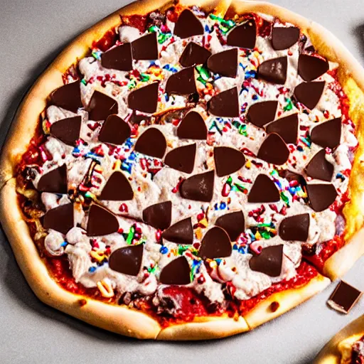 Prompt: a pizza topped with chocolate and sprinkles