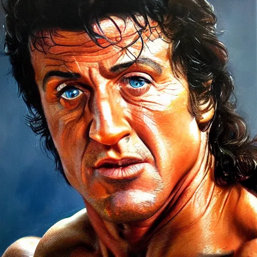 Image similar to ultra realistic portrait painting of sylvester stallone, art by frank frazetta, 4 k, ultra realistic, highly detailed, epic lighting