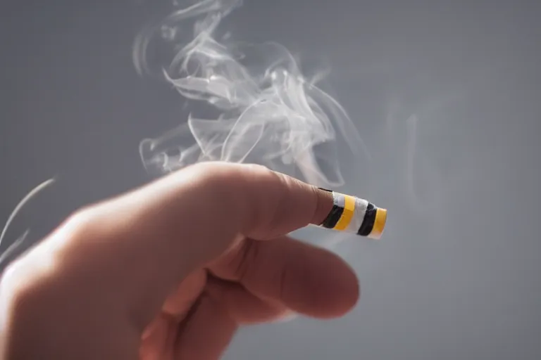 Image similar to Close-up of thin soft hand holding cigarette with smoke, hyper realistic, high details, photo, super resolution