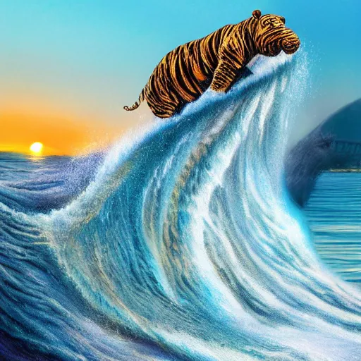 Prompt: a closeup photorealistic photograph of a large knitted tiger hippopotamus riding a large wave during sunset. surf in the background. professional capture. brightly lit scene. this 4 k hd image is trending on artstation, featured on behance, well - rendered, extra crisp, features intricate detail, epic composition and the style of unreal engine.