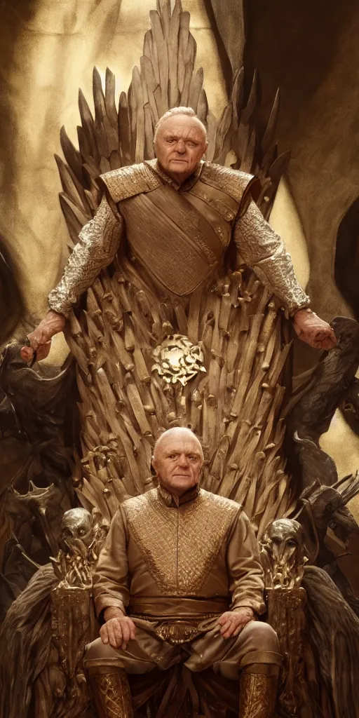 Image similar to anthony hopkins, majestic king on a throne, dungeons and dragons, fame of thrones masterpiece by edgar maxence and ross tran and michael whelan, gustav dore, 8 k, octane render