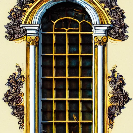 Prompt: digital illustration of a beautiful window open front view, complete window!, aesthetic, achenbach, andreas, angelico, fra, bellotto, bernardo, ornate, russian style, colorful architectural drawing, behance contest winner, vintage frame window