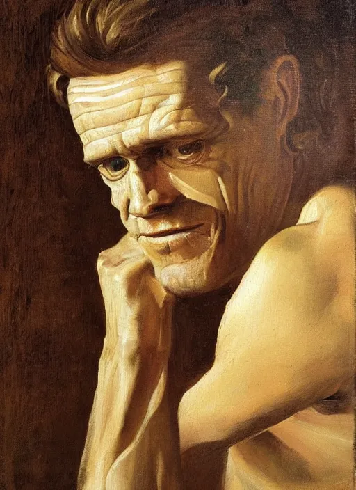 Prompt: portrait painting of 4 0 year old willem dafoe, renaissance oil painting, studious chiaroscuro