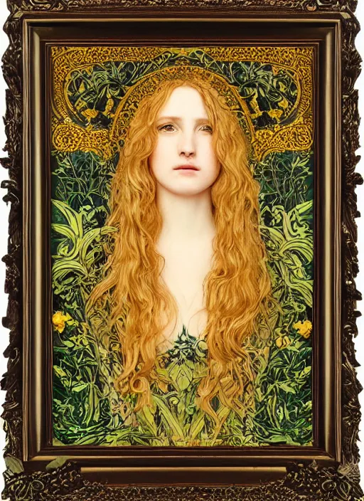 Image similar to masterpiece beautiful seductive flowing curves preraphaelite face portrait photography, sam spratt, extreme close up shot, straight bangs, thick set features, yellow ochre ornate medieval dress, amongst foliage mushroom forest circle arch, william morris and kilian eng and mucha, framed, 4 k