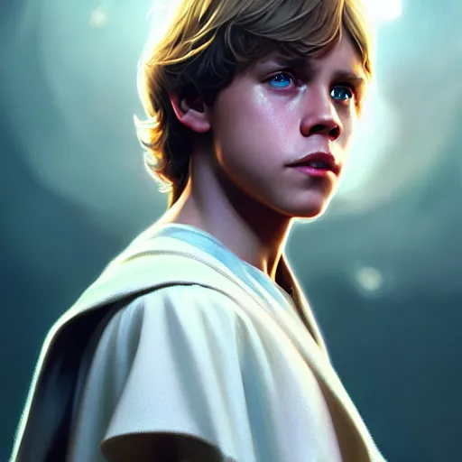 Prompt: a portrait of young luke skywalker cinematic lighting, photorealistic, octane render, 8 k, depth of field, 3 d, art by artgerm and greg rutkowski and alphonse mucha and uang guangjian and gil elvgren and sachin ten