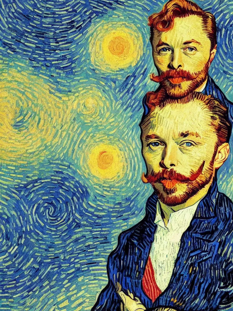 Image similar to a beautiful portrait of Elon Musk with a moustache, painted by vincent van gogh, impasto oil painting