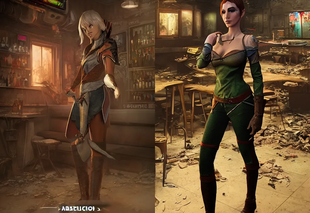 Prompt: 3 d full body character portrait of a female lavellan from dragon age walking through a destroyed dive bar wearing inquisitor clothes, with a realistically proportioned face, realistically rendered face, 3 d model, 3 d character model, realistically rendered clothing, enhanced face, illustration, digital painting, realistic lighting, good value control, realistic shading, substance painter