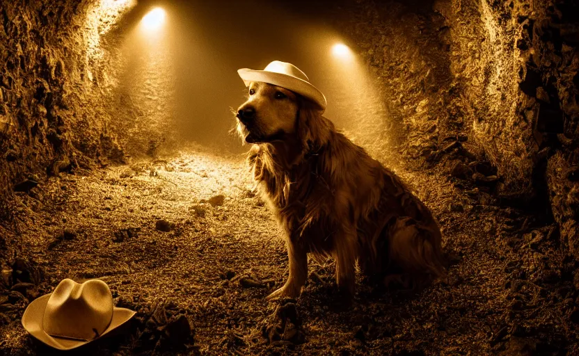 Prompt: a dirty golden retriever in a dark mine wearing a wild west hat and jacket, large piles of gold nuggets, moody lighting, light coming from tunnel entrance, stylized photo